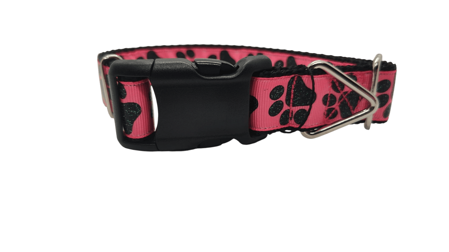 Black Glitter Paws On Pink Nylon Dog Collar - Paws & Play Paradise