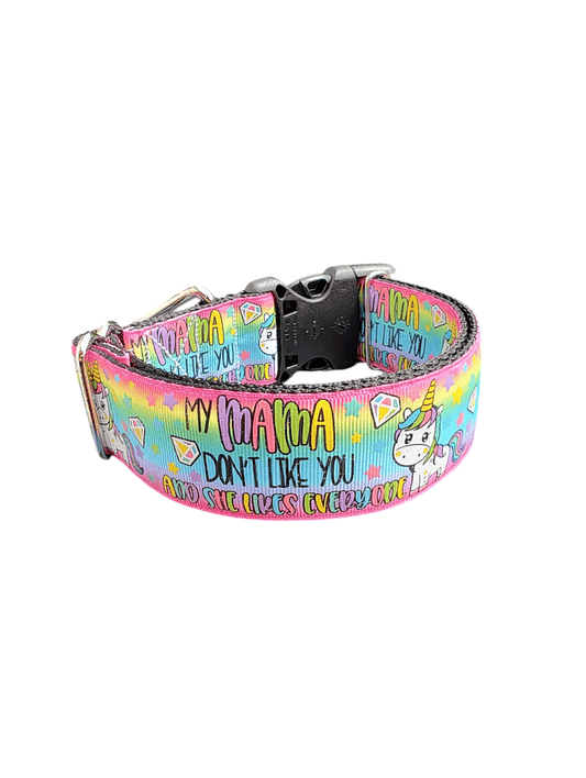 1.5" Wide My Mamma Don't Like You Unicorn Nylon Dog Collar - Paws & Play Paradise