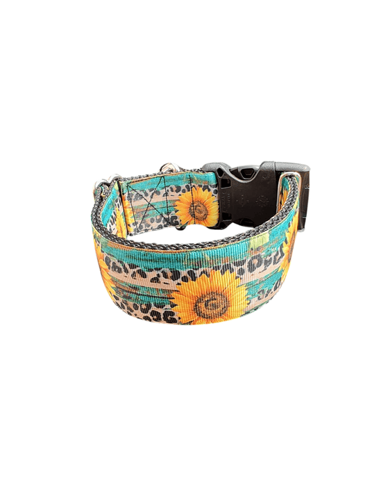 1.5" Wide Sunflowers and Leopard Print Nylon Dog Collar - Paws & Play Paradise