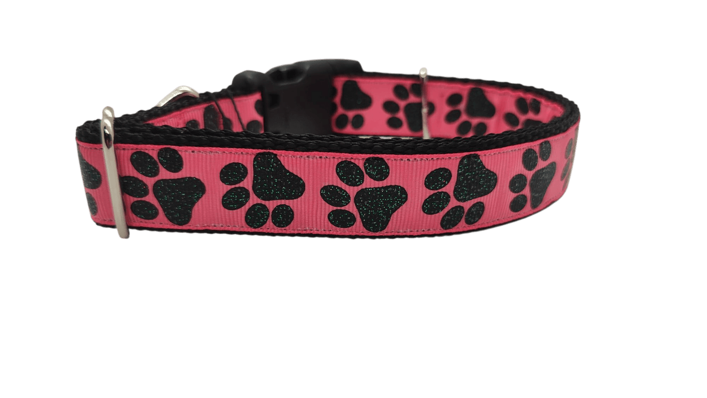 Black Glitter Paws On Pink Nylon Dog Collar - Paws & Play Paradise