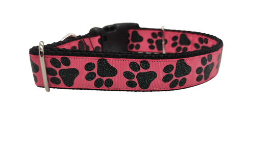 Black Glitter Paws On Pink Nylon Dog Collar - Paws & Play Paradise
