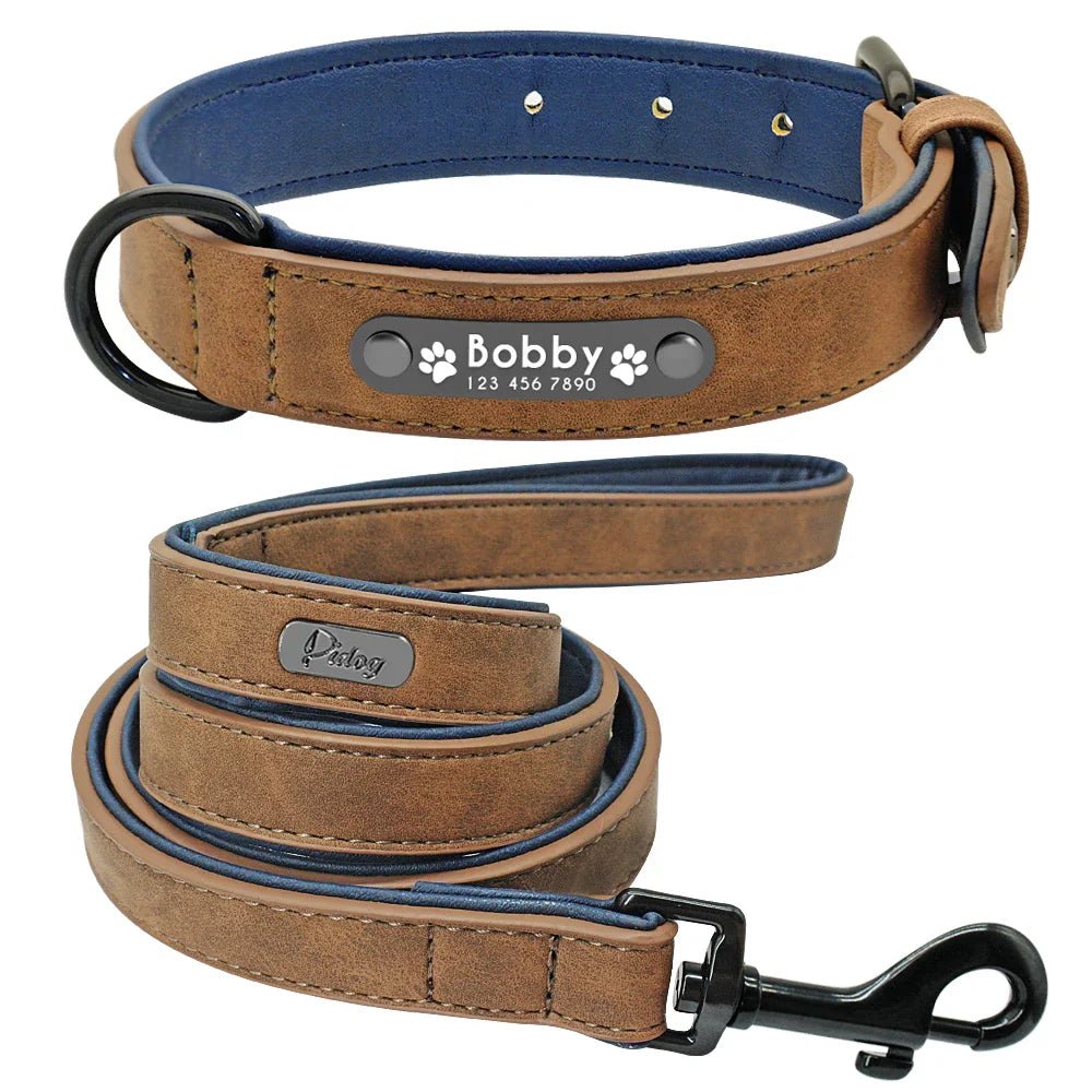 Leather Dog Collar Leash Custom Durable Leather Pet Collars and Leashes Walking Leads Strap Cusomized for Small Medium Large Dog - Paws & Play Paradise
