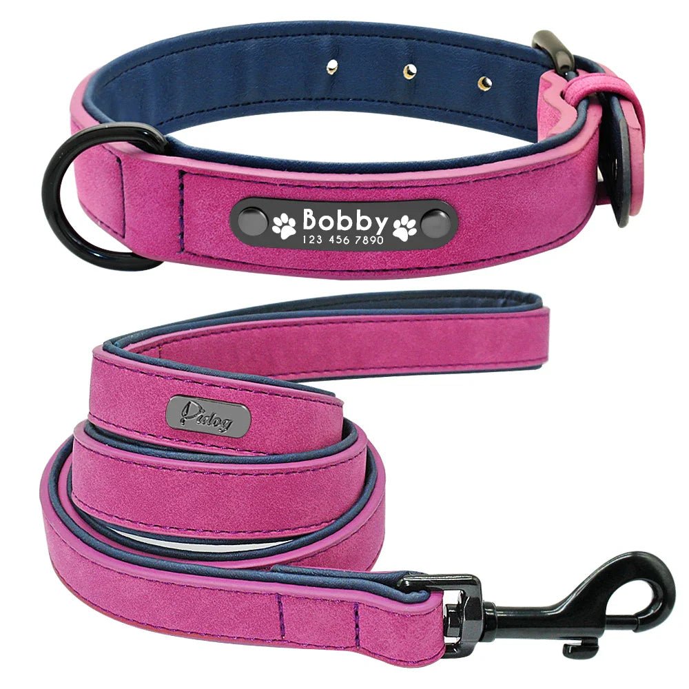 Leather Dog Collar Leash Custom Durable Leather Pet Collars and Leashes Walking Leads Strap Cusomized for Small Medium Large Dog - Paws & Play Paradise