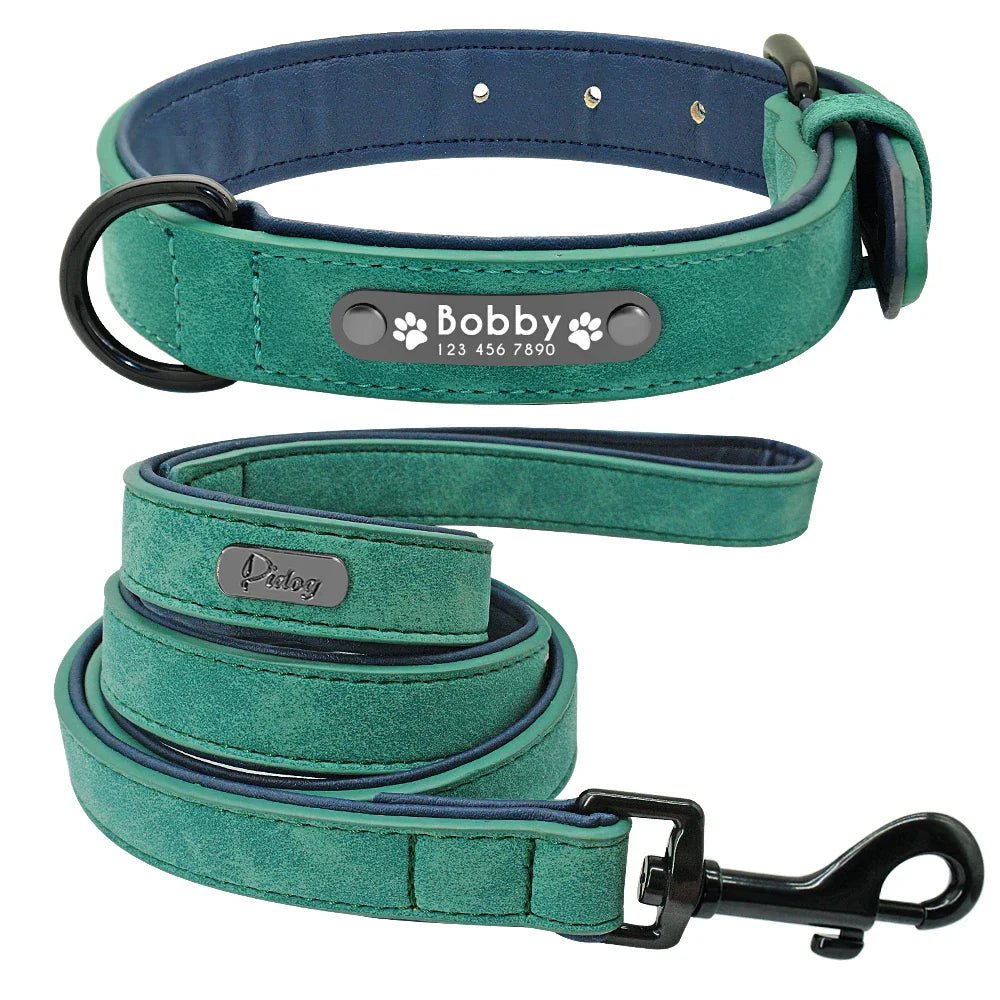 Leather Dog Collar Leash Custom Durable Leather Pet Collars and Leashes Walking Leads Strap Cusomized for Small Medium Large Dog - Paws & Play Paradise