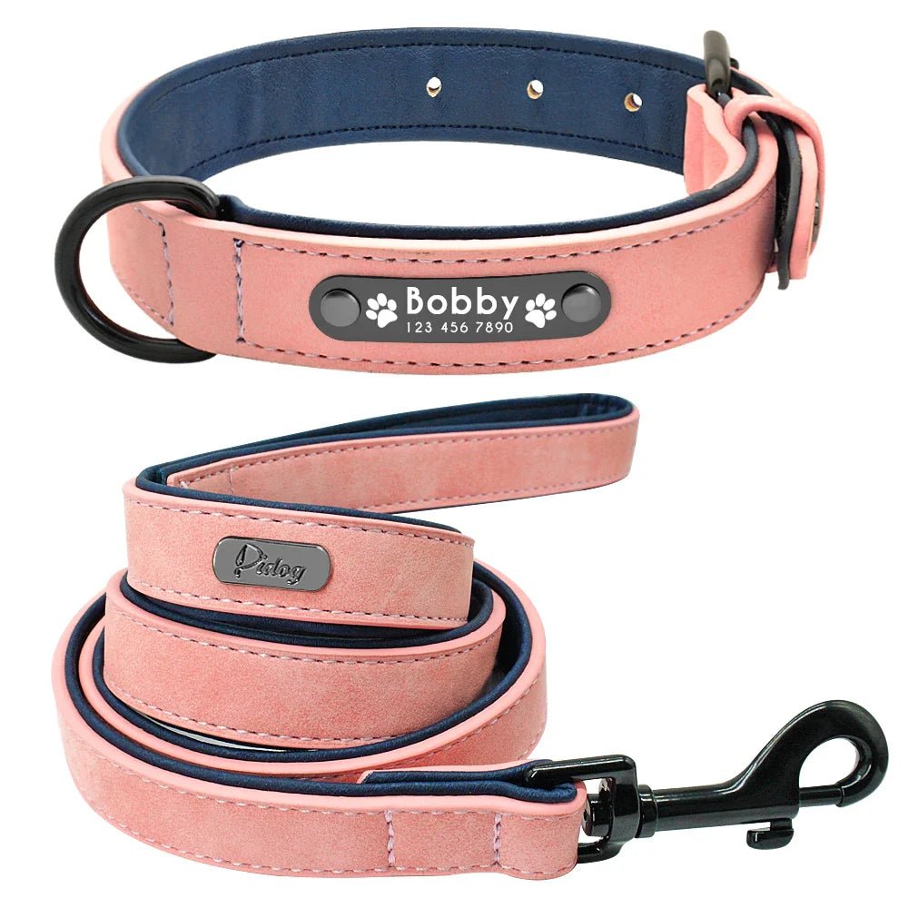 Leather Dog Collar Leash Custom Durable Leather Pet Collars and Leashes Walking Leads Strap Cusomized for Small Medium Large Dog - Paws & Play Paradise