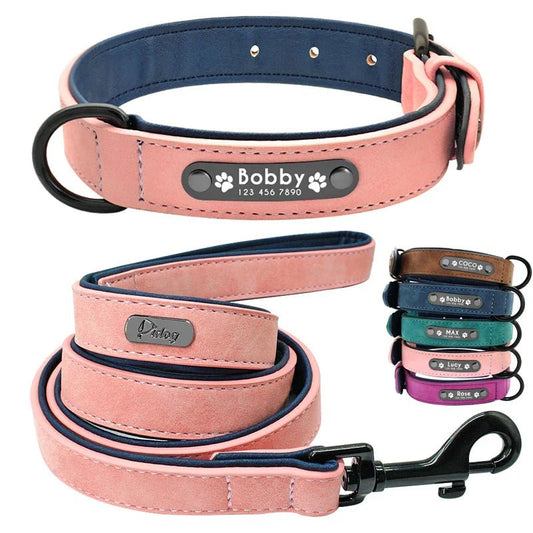 Leather Dog Collar Leash Custom Durable Leather Pet Collars and Leashes Walking Leads Strap Cusomized for Small Medium Large Dog - Paws & Play Paradise
