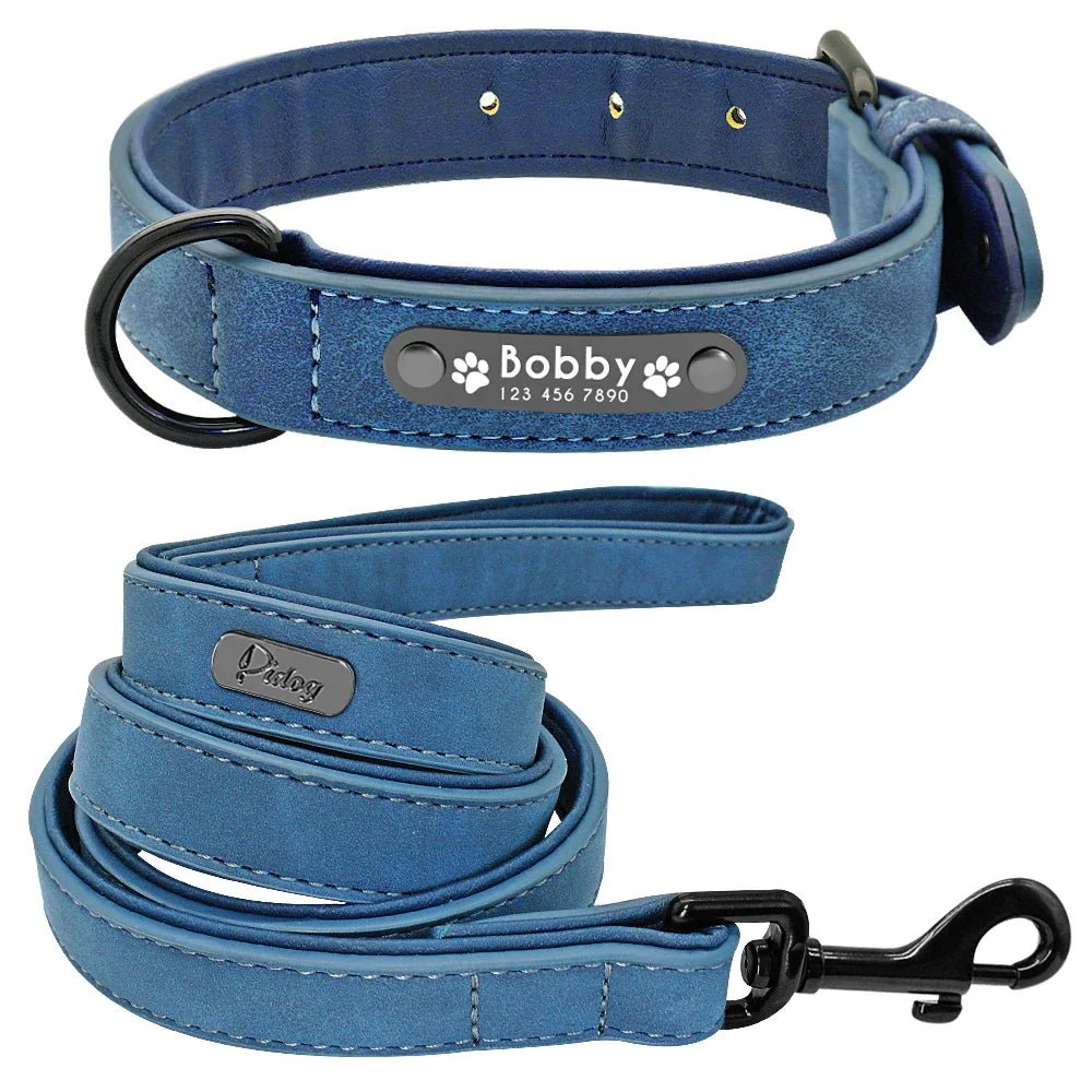 Leather Dog Collar Leash Custom Durable Leather Pet Collars and Leashes Walking Leads Strap Cusomized for Small Medium Large Dog - Paws & Play Paradise