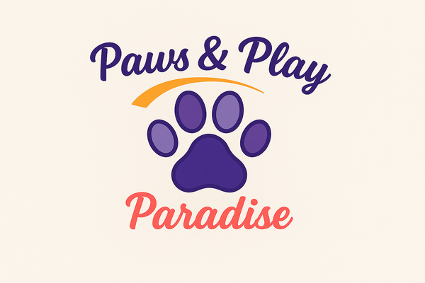 Paws & Play Paradise Logo with Alternating Purple Paw Print Circles
