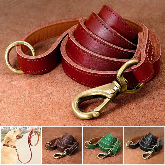Real Leather Dog Leash Durable Medium Large Dog Lead Genuine Leather Walking Pet Leads Leash for Dogs German Shepherd Pitbull - Paws & Play Paradise