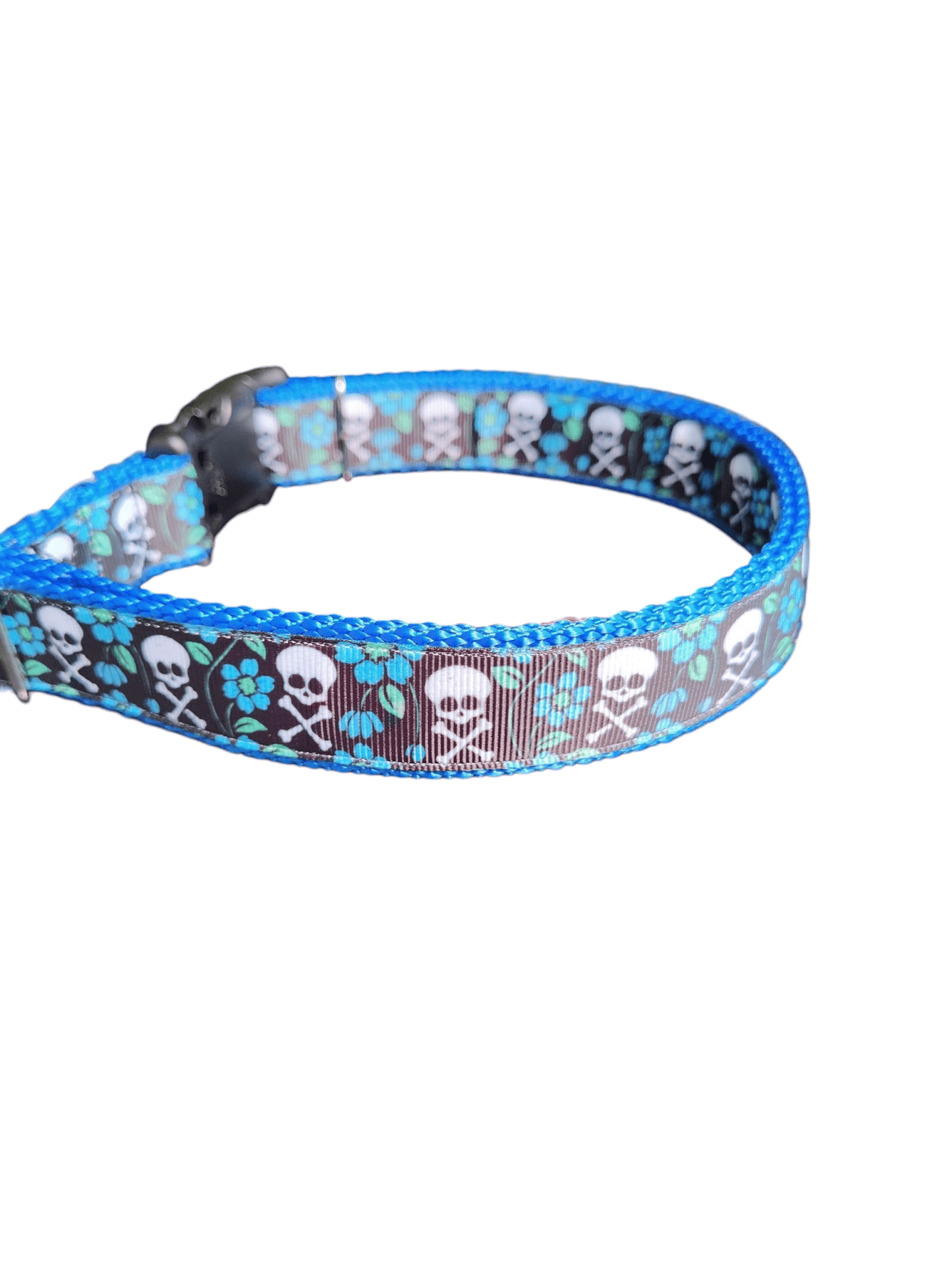 Skull and Crossbones Blue Flowers Nylon Dog Collar - Paws & Play Paradise