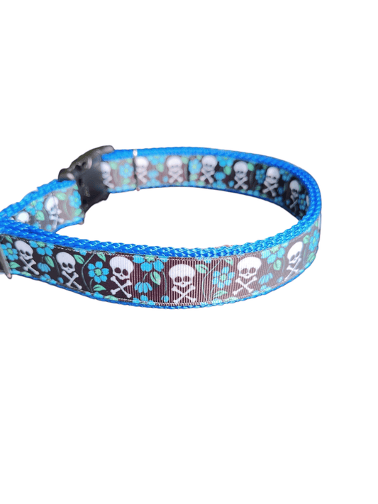 Skull and Crossbones Blue Flowers Nylon Dog Collar - Paws & Play Paradise